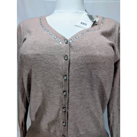 Sioni Heather Latte Wool Blend Beaded Button Cardigan Sweater Size M NWT - Picture 1 of 8